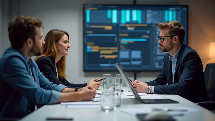 Eye-level view of a software testing team in a meeting discussing automation strategies.